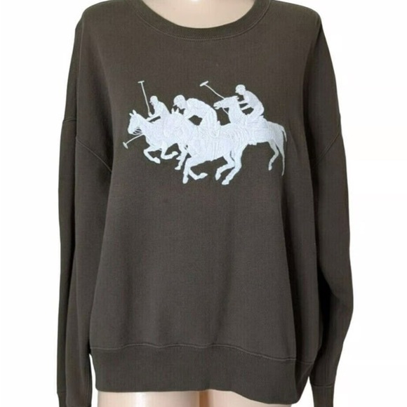 Ralph Lauren Brown and White Crewneck Sweater with Equestrian Design olive